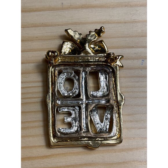 Gold-Tone "Love" Gift Box Pin Brooch With Red & Green Enamel Accents - Picture 4 of 4